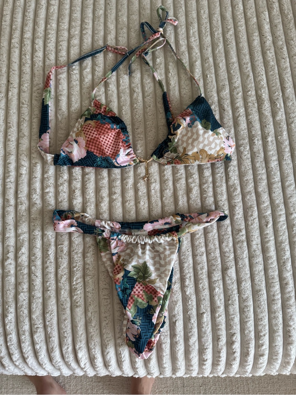 Floral Patchwork Triangle Bikini Set in Navy, Pink, Cream